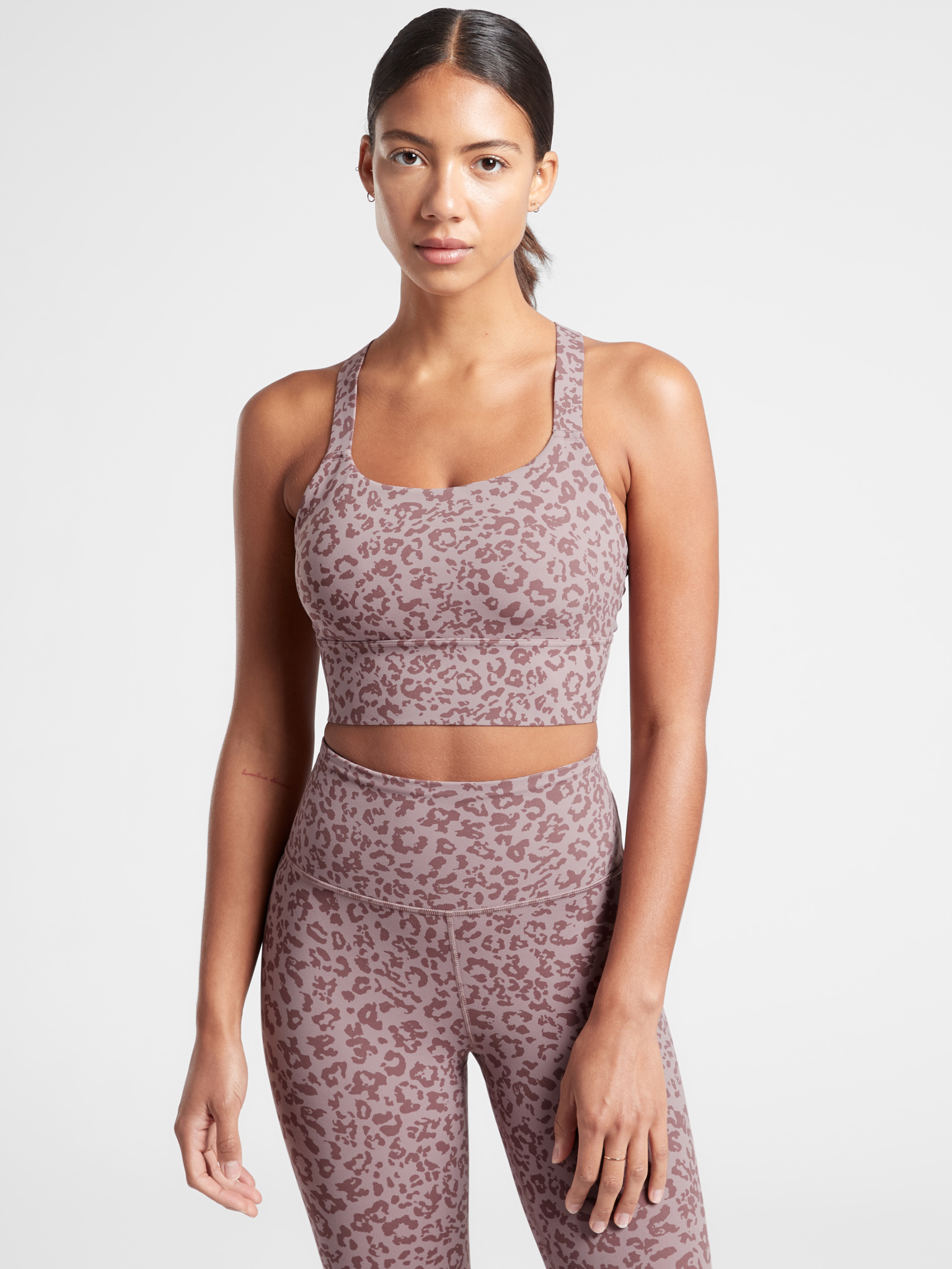 Athleta The Warrior Longline Printed Bra and Leopard Elation Ultra High Rise Tight 