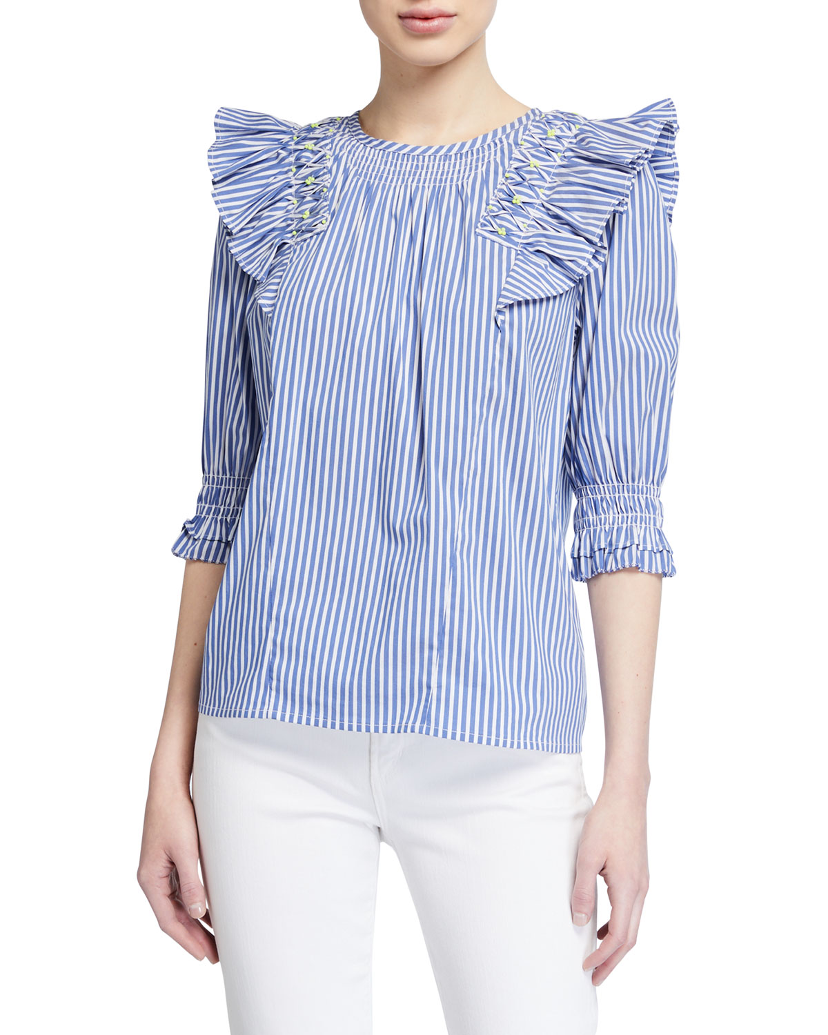 Tanya Taylor Pilar Striped Ruffle-Trim Top